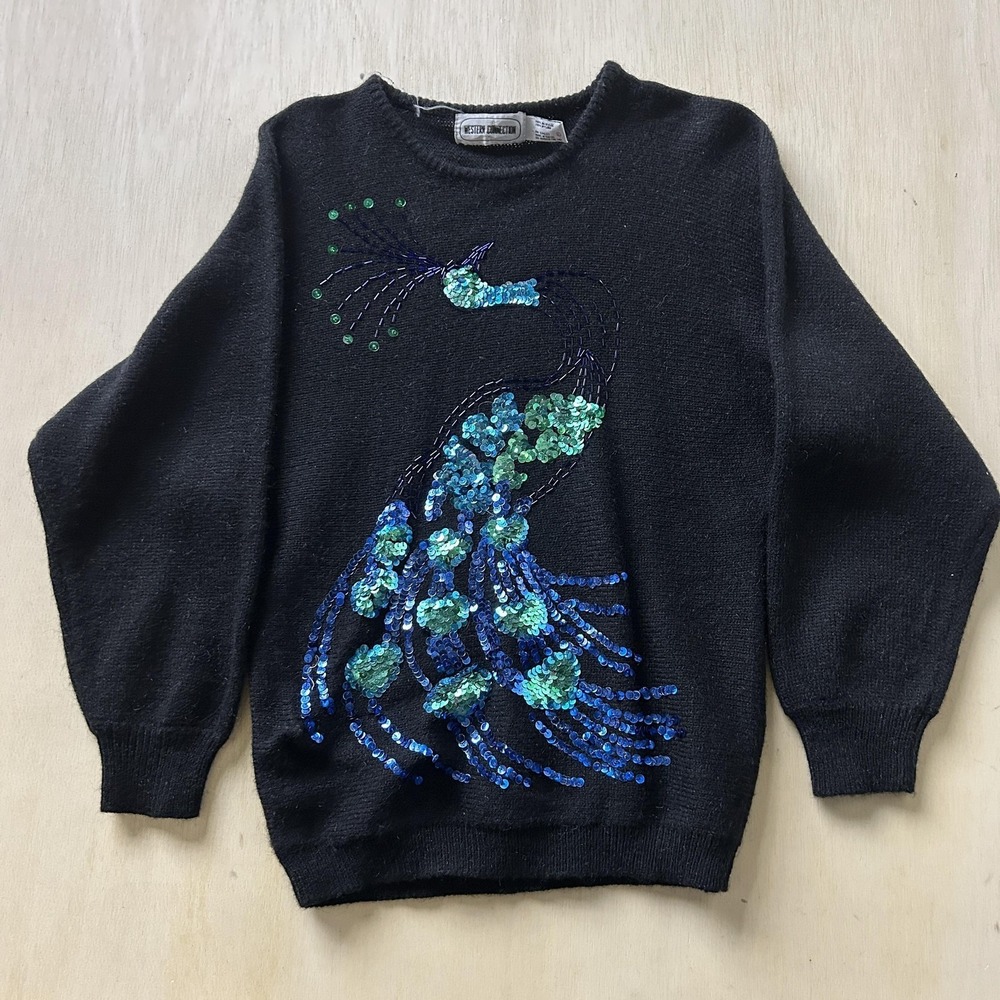 Vintage Western Connection Sweater Womens Large Black Crew Neck Sequin Peacock